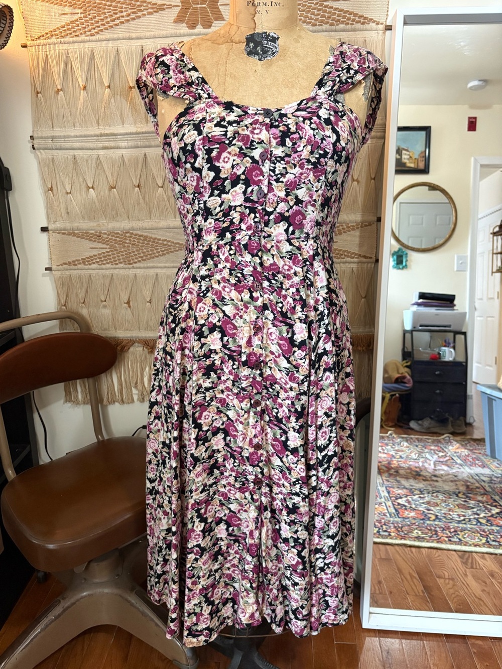Floral Midi Dress with Tie Shoulders in Black and Pink